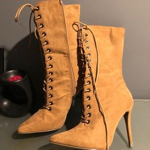 Tan lace up heeled booties